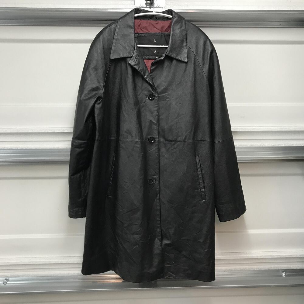 Lauren Ariel Leather Coat Womens XL Black Button Front Car Coat Lined Raglan